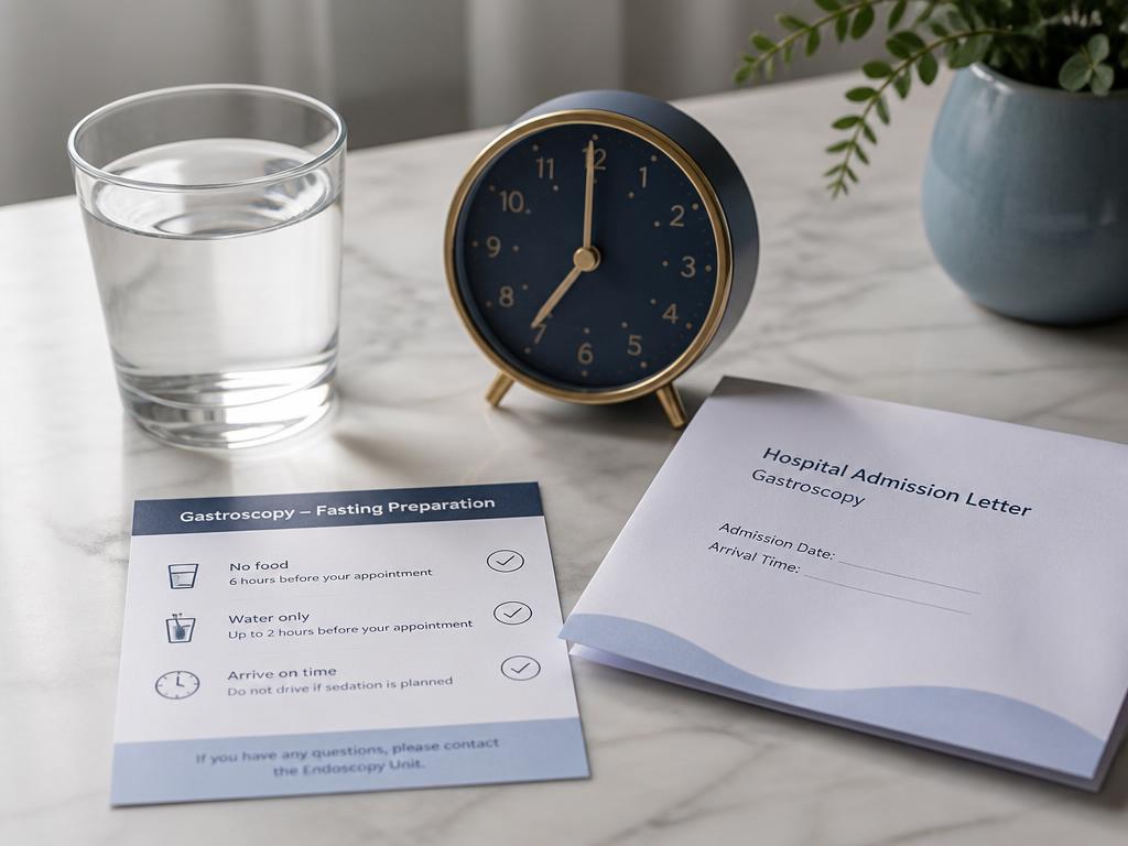Gastroscopy fasting preparation: a glass of water, a clock, a hospital admission letter and a fasting checklist card on a marble surface